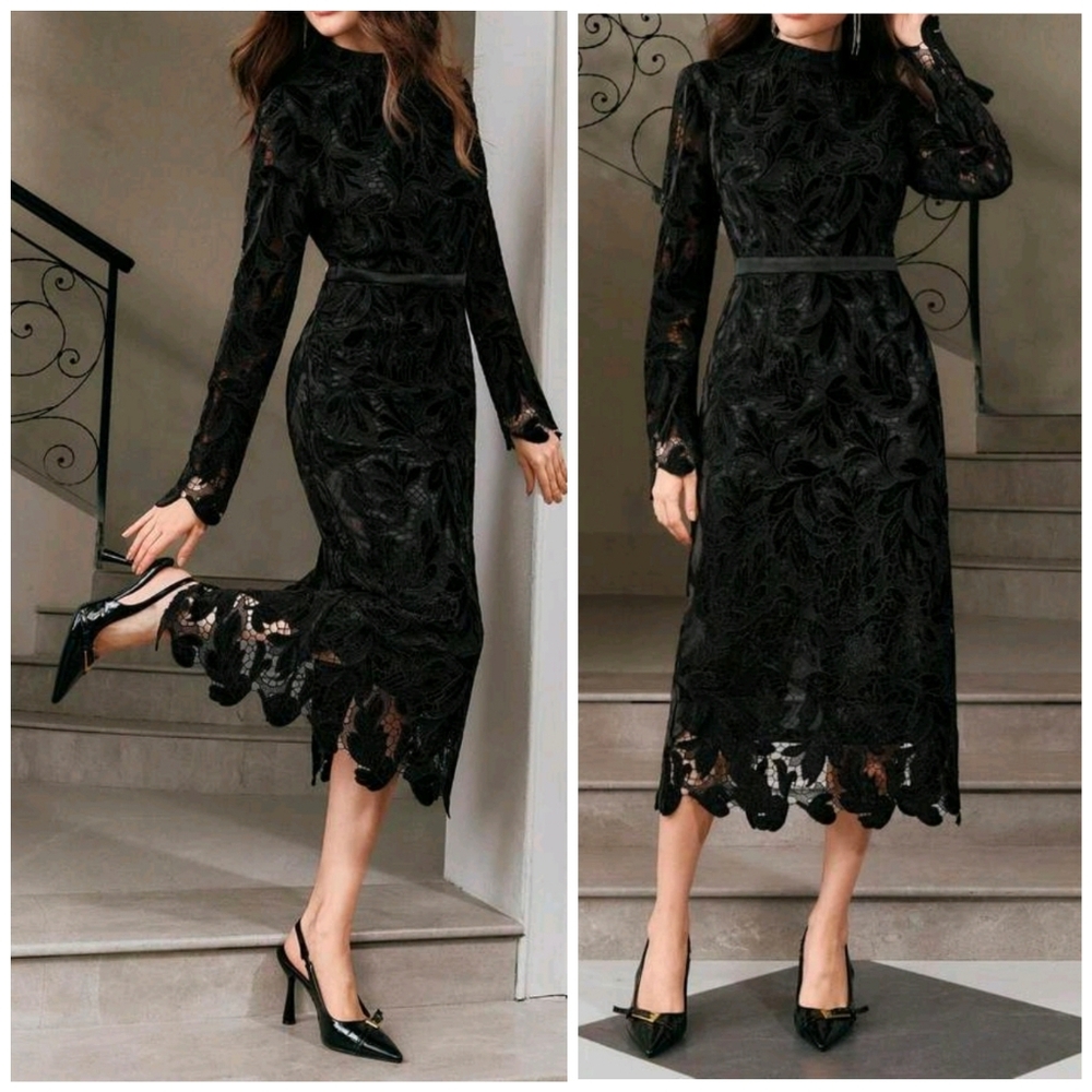 New Embroidered Floral Sheer Lace Midi Dress Long Sleeve Black
